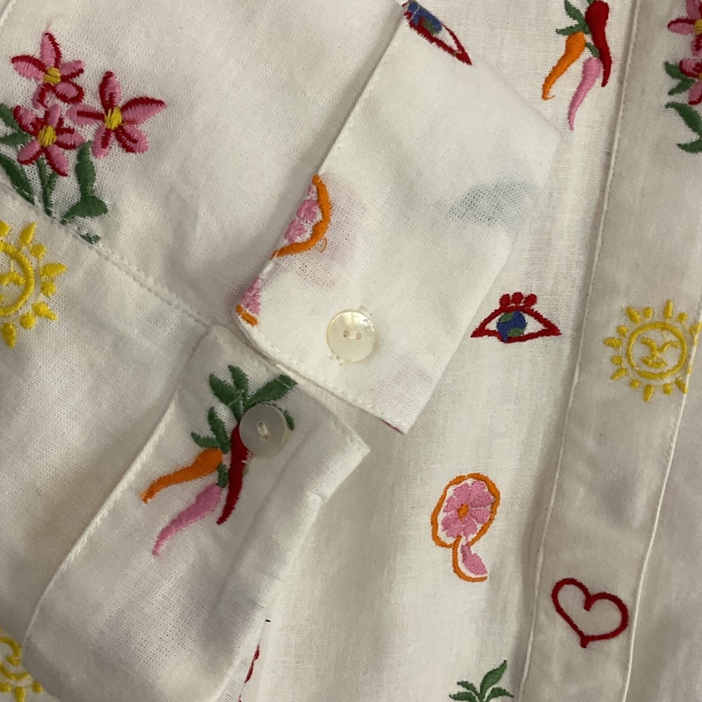 Caroline Constas White Crop Button Up Embroidered Top Med Summer Print Linen - Picture 4 of 13